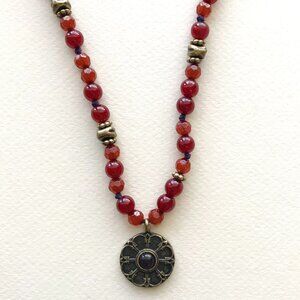 Vintage Lucky Brand Vintage Red Glass Bead Necklace with Floral Pendant